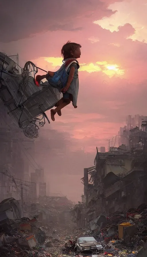 Image similar to poor detailed child with backpack standing at cars looking for food at garbage dump, destroyed cars, city is pure wasteland, moody sunset in background, greg rutkowski, alphonse mucha, trending on artstation, artgerm, unreal engine, breathtaking, award winning, highly detailed