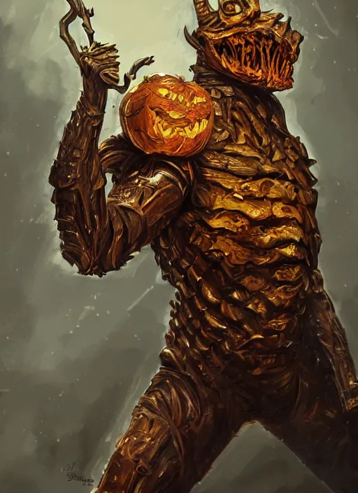 Image similar to powerful male pumpkin, willem dafoe as pumpkinhead, oz, full body character concept, covered in full metal armor, art nouveau, super powers, fantasy, intricate, elegant, highly detailed, digital painting, artstation, concept art, shining, sharp focus, illustration, art by stanley lau