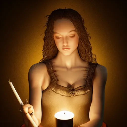 Image similar to masterpiece flemish candle light portrait of a beautiful! young woman, writing with a feather, by luis royo, artstation, deviant art, black background, candle light only, 8 k, octane render