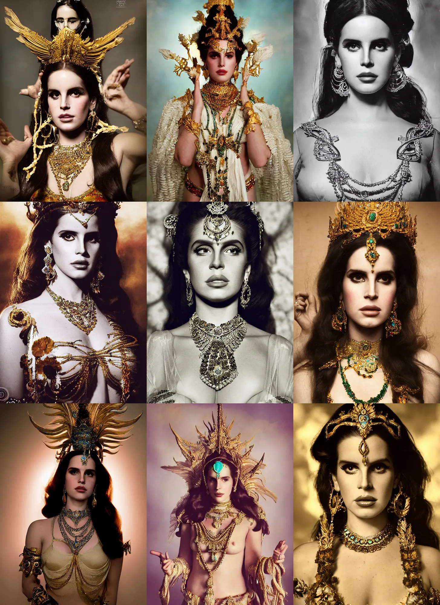 Prompt: studio photograph of lana del rey as shiva, clear facial features by john singer sargent, beautiful extravagant costume details, jewelry, beautiful lighting, octane.