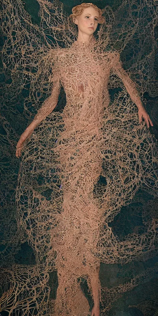 Image similar to a woman entwined in a coral reef, made of intricate decorative lace leaf skeleton, in the style of the dutch masters and gregory crewdson, dark and moody