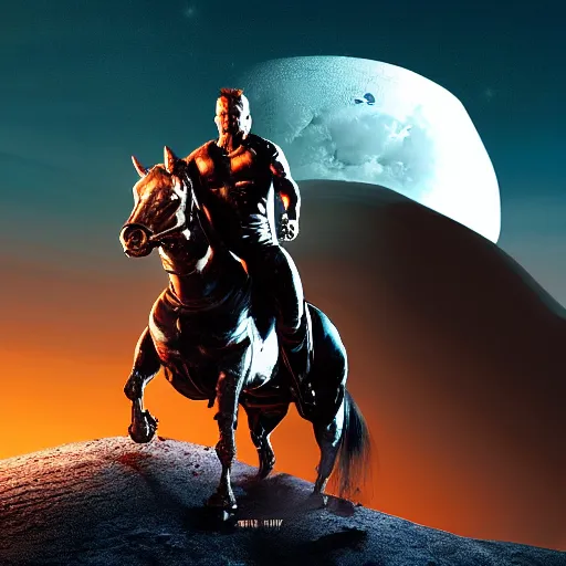 Image similar to A hyper real comic book style portait painting of the Terminator riding a horse on the moon, unreal 5, hyperrealistic, octane render, cosplay, RPG portrait, dynamic lighting