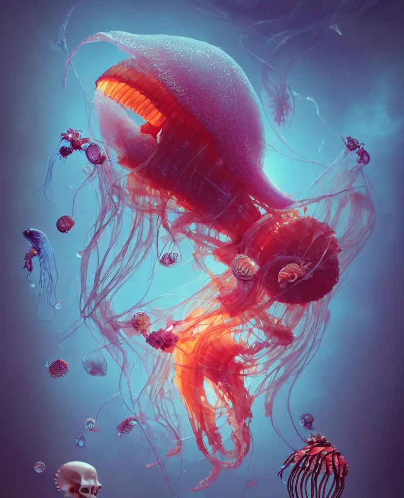 Image similar to human thorax, jellyfish phoenix head, nautilus, orchid, skull, betta fish, bioluminiscent creatures, intricate artwork by Tooth Wu and wlop and beeple. octane render, trending on artstation, greg rutkowski very coherent symmetrical artwork. cinematic, hyper realism, high detail, octane render, 8k