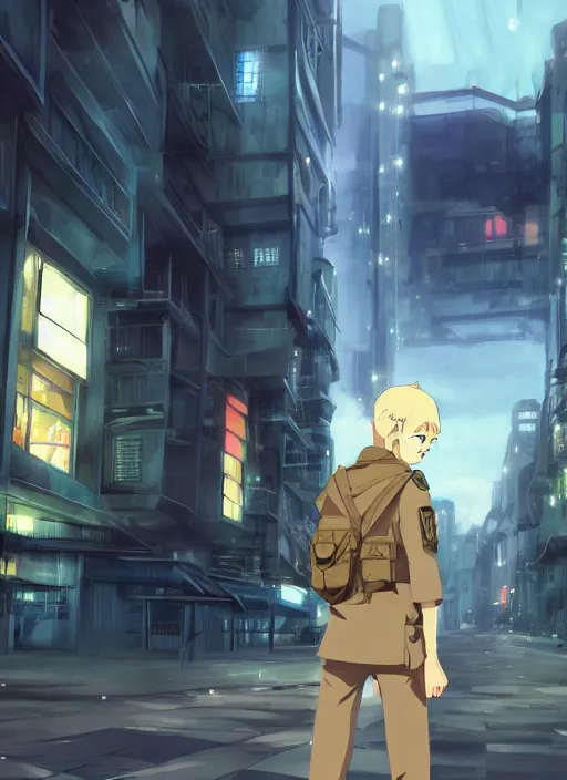 Prompt: beautiful blonde soldier boy at a futuristic city street by makoto shinkai