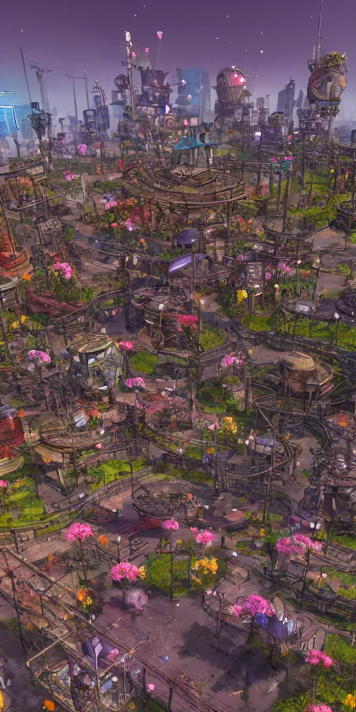 Image similar to technologic city with flowers on a steampunk land by borderlands, smooth, cinematic, wet reflections, ray tracing x, rtx, smooth