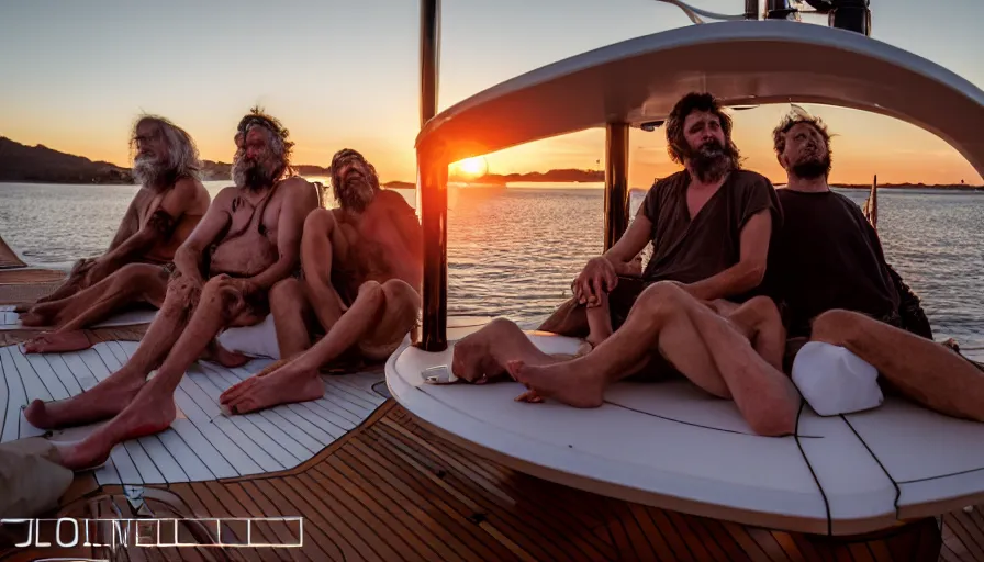 Prompt: several hobo bums party hard on the luxury super yacht, sunset light, expensive materials, symmetrical, cinematic, elegant, luxury, real photography, 4 k, ultra hd, luxury journal cover