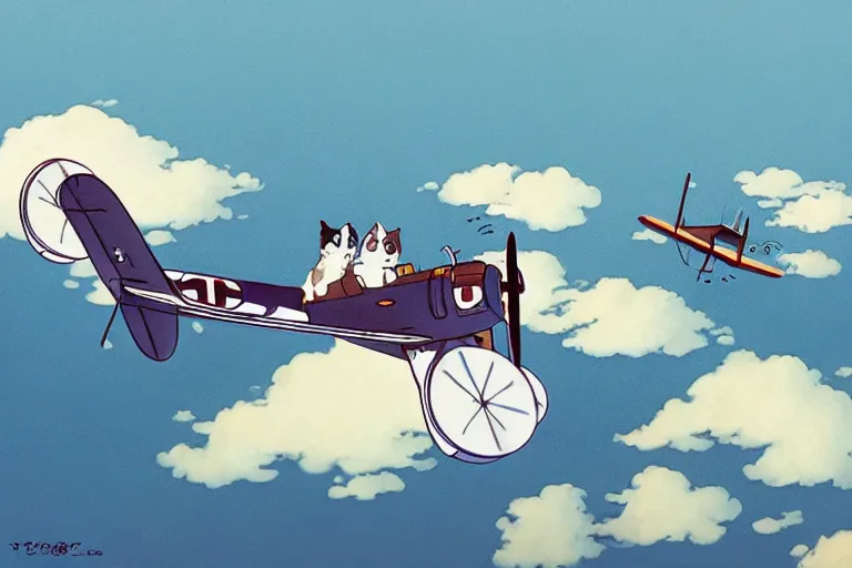 Prompt: tuxedo cat in a pilot cap flying a biplane over a tropical archipelago, morning sunrise, clouds, beautiful, summer, calm, studio ghibli, art by hayao miyazaki, makoto shinkai