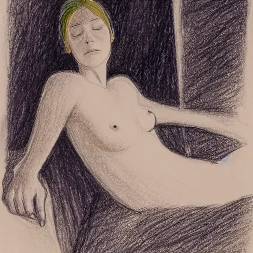 Image similar to This drawing is a beautiful example of use of color and light. The drawing depicts a woman reclining on a couch, with her head turned to the side and her eyes closed. The woman's body is bathed in a light, and her skin appears to glow. The artist has used a soft, delicate palette to create a sense of tranquility and serenity. The drawing is elegant and graceful, and the woman's face is incredibly expressive. It is a truly beautiful drawing. avant-garde, Korean folk art by Anne-Louis Girodet, by Joan Miro peaceful