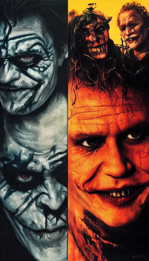 Image similar to heath ledger's joker face close up on the apocalypse now poster, red sunset, snake river in the jungle, black helicopters, air brush, oil paint, radiant light, caustics, heroic, bright iridescent light, by gaston bussiere, by bayard wu, by greg rutkowski, by maxim verehin