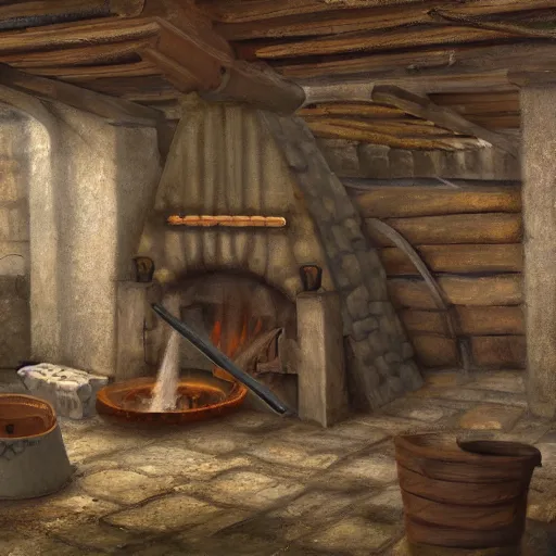 Image similar to detailed painting of a medieval forge, 4 k