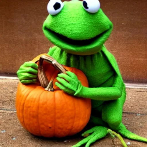 Image similar to a pumpkin kermit the frog, photography,