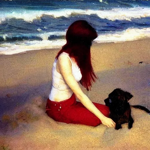 Prompt: beautiful woman with red hair, tiny white dog, dean cornwell style, on the beach