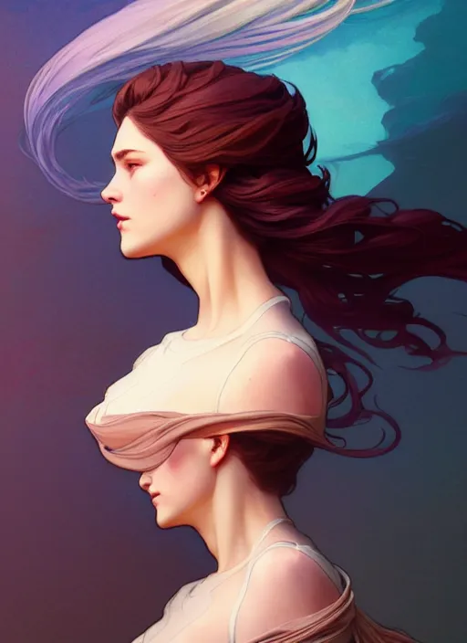 Prompt: side profile centered portrait, pretty girl by artgerm, cushart krenz, greg rutkowski, storyboard, west world show, mucha. art nouveau. gloomhaven, swirly vibrant ripples, gaudy colors, sharp edges. ultra clear detailed. 8 k. elegant, intricate, octane render