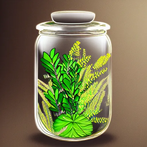 Prompt: a jar with a variety of beautiful plants inside, digital art, awards winning
