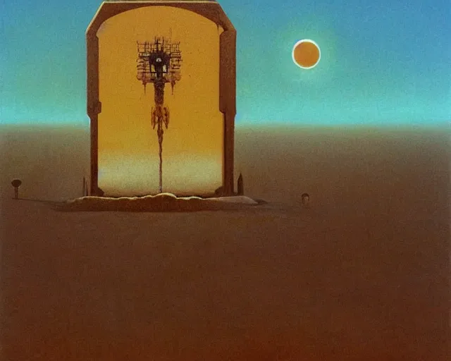 Prompt: very weird minimalistic machine, huge, occult, in the middle of desert, blotchy, hazy oil painting, tarot texture, by carrington and beksinski