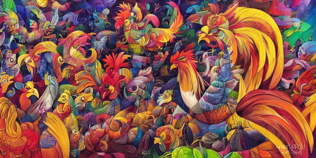 Prompt: colorful illustration of a million fighting roosters, mix of styles, collage of styles, abstract, surreal, intricate, highly detailed, dark color scheme, golden ratio, cubism, surrealism