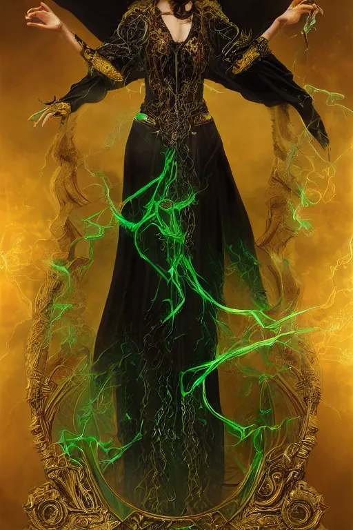 Image similar to a close - up portrait of a beautiful sorceress wearing a black robe with gold embroidery, casting a spell, green glows, painted by artgerm and tom bagshaw, highly detailed digital art