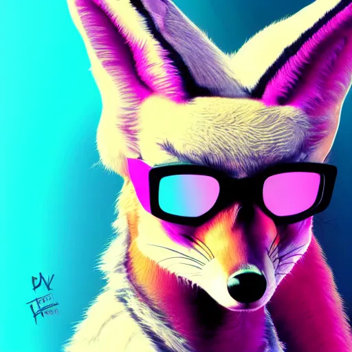 Prompt: feral fennec fox animal, pink and blue mohawk hairstyle, sunglasses, synthwave style, portrait, artstation, detailed, award winning, furry, award winning