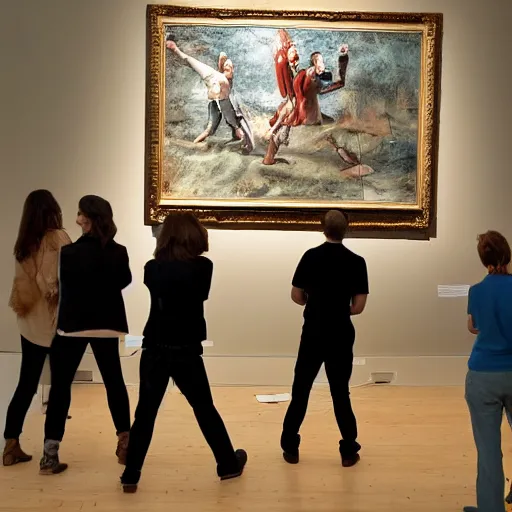 Image similar to a group of people wrecking an art gallery because they don’t agree with the art that is being shown