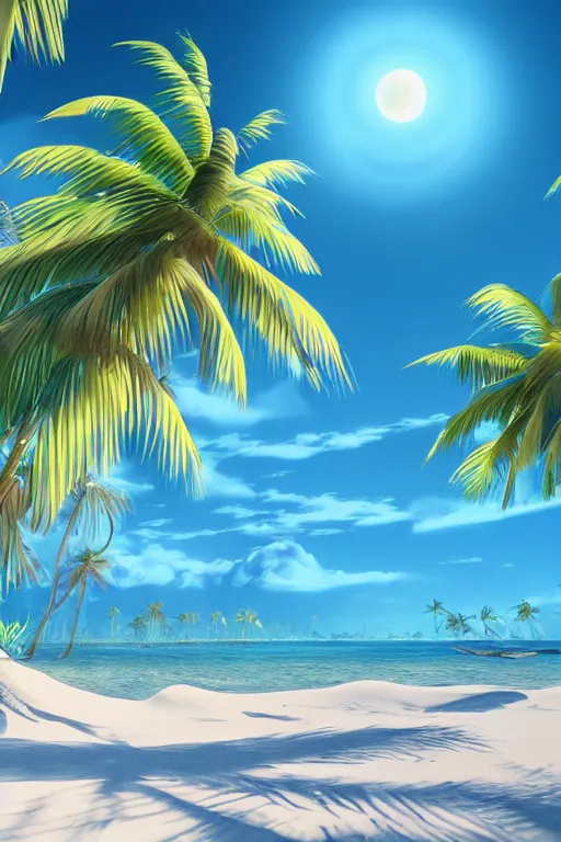 Image similar to a beautiful children ’ s illustration on paper of a beach with coconut palms 8 k, frostbite 3 engine, cryengine, dof, trending on artstation, digital art, crepuscular ray