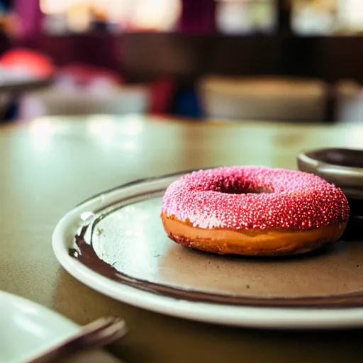 Image similar to a donut, chocolate frosting, on a plate in a busy diner, very low wide angle, in the background the diner, cinestill 800