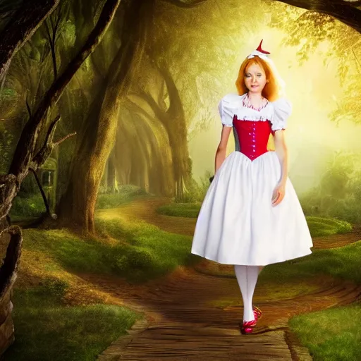 Image similar to beautiful full body portrait of alice in wonderland, age 3 5, atmospheric, 4 k, mary janes, white rabbit