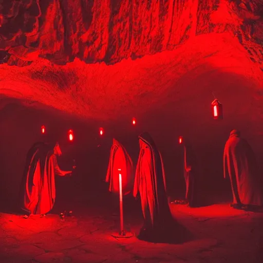 Image similar to A group of red hooded cultist in a cave, being back lit by a lantern. Dark, ambient, eldritch, 8k, hyper realistic.