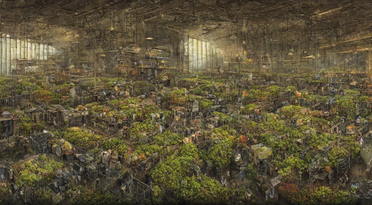 Prompt: A Warehouse of Alien Botany In The Style Of Andrea Kowch, Fantastic Surrealism Realism Symbolic Digital Art Fantastic Realism 8k Resolution, 64 Megapixels, Coherent, Behance HD, Hyper Detailed Digital Image