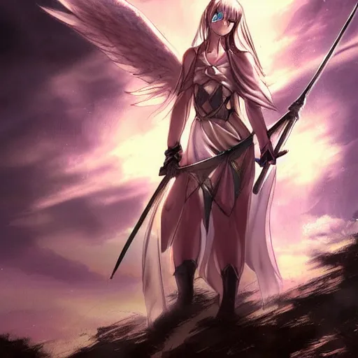 Image similar to epic cinematic anime concept art. Seraphim angel girl holding a giant holy halberd, wearing shining armor at sunrise. ArtStation, Pixiv
