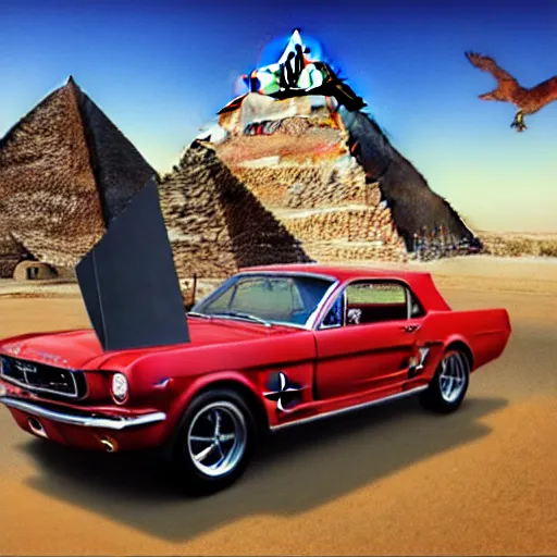 Prompt: a beautiful fantasy matte digital painting of a red 1964 Ford Mustang time machine falling through a portal to the great pyramids, under a bright blue sky, painted in the style of Asher Brown Durant, Classic Car magazine, Marc Simonetti, trending on artstation hq
