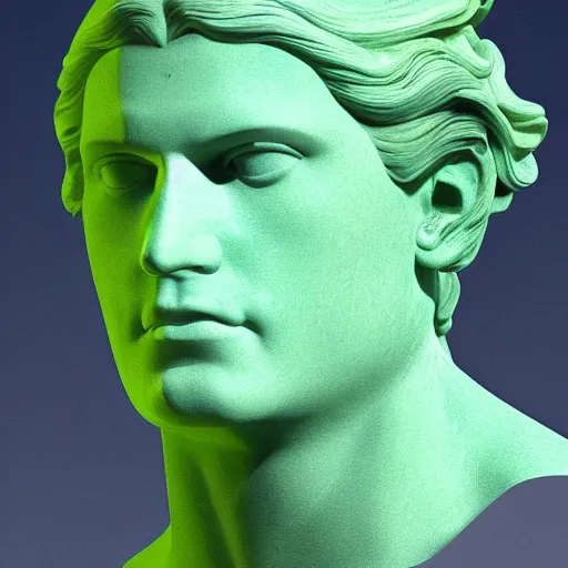 Prompt: a neon ring around the head of a greek god marble statue, 3 d render