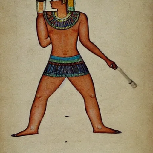 Image similar to Egyptian drawing of a man using a shake weight, ancient, photorealistic