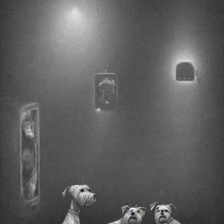 Image similar to two terrier dogs, watching a pop concert at night in a crowded venue, digital art, concept art, trending on artstation, cinematic lighting, giger, beksinski, barlowe