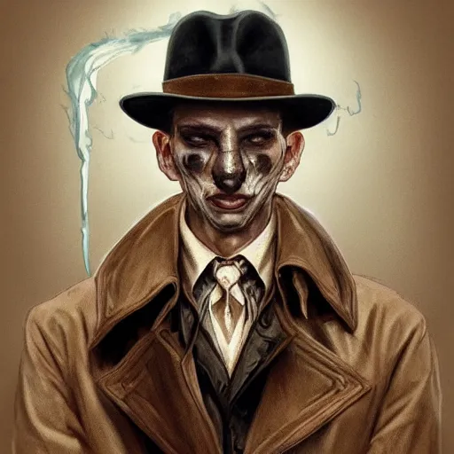 Image similar to dark fantasy character portrait of a 1940s Investigator wearing a brown trenchcoat and fedora smoking a cigar, dystopian mood, intricate, wild, highly detailed, digital painting, artstation, upper body, concept art, smooth, sharp focus, illustration, art by artgerm and greg rutkowski and alphonse mucha