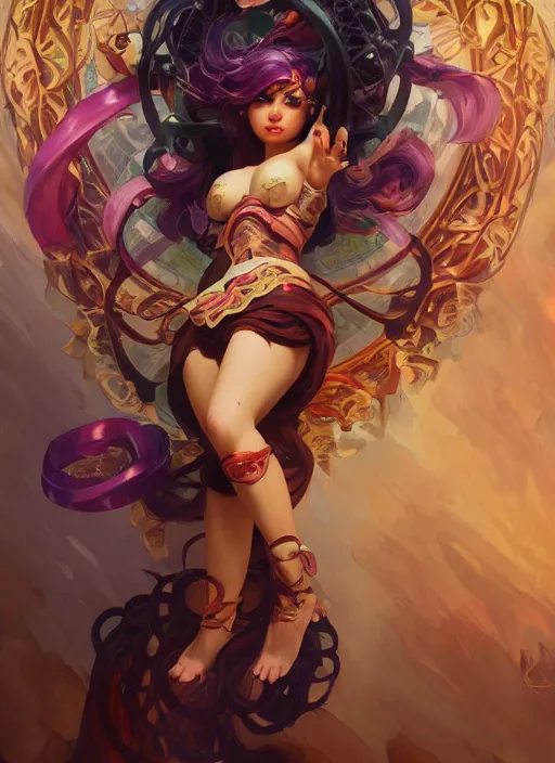 Image similar to character portrait of karma from league of legends with arms raised, pinup pose, hyper detailed, digital illustration, illustration, trending in artstation, cinematic lighting, studio quality, sharp focus, intricate, elegant, art style by alphonse mucha, klimt and nixeu, ian sprigger, wlop, krenz cushart, greg rutkowski, rossdraws