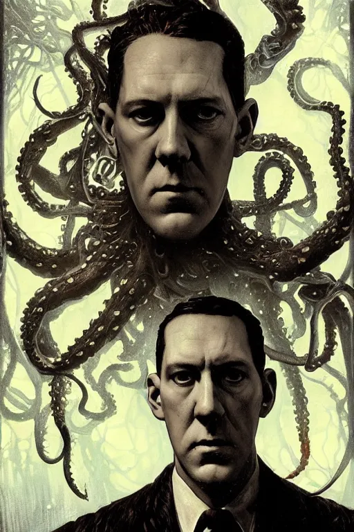 Prompt: , h p lovecraft with octopus tentacles and head of the cthulhu hyperrealistic portrait, bladerunner street, art of elysium by jeremy mann and alphonse mucha and greg rutkowski, fantasy art, photo realistic, dynamic lighting, artstation, poster, volumetric lighting, very detailed face, 4 k, award winning