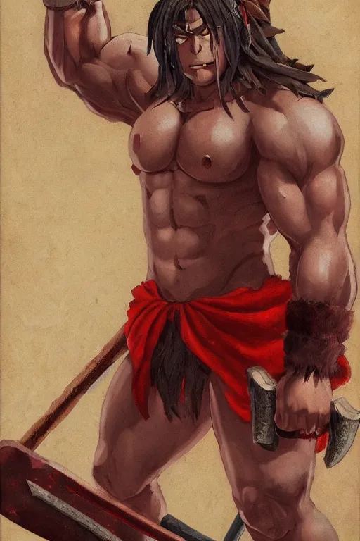 Image similar to muscular red skinned oni barbarian wearing a tattered loincloth and holding two axes, detailed, portrait, makoto shinkai