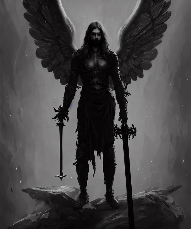 Image similar to dark art, portrait of fallen man angel standing on a stake with a sword and wings, bokeh. dark art masterpiece artstation. 8k, sharp high quality illustration in style of Jose Daniel Cabrera Pena and Leonid Kozienko, concept art by Tooth Wu