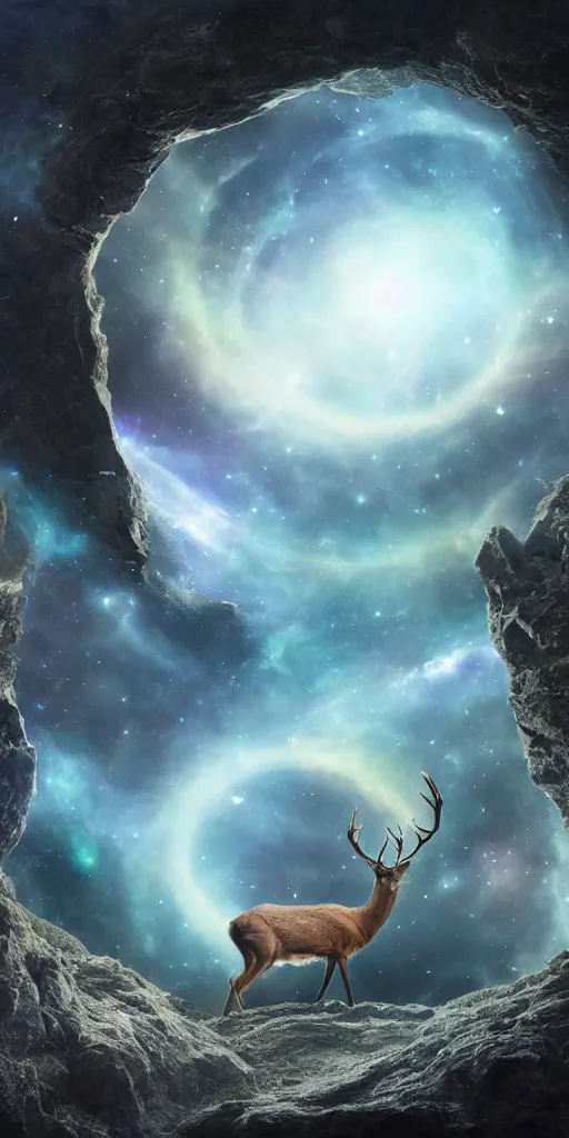 Prompt: an extreme long shot of a deer peering into a giant portal into the universe and galaxies in the shape of a keyhole to the nebulae and galaxies, beautiful matte painting by weta workshop 4 k, cinematic dramatic atmosphere, dramatic lighting, trending on artstation
