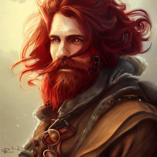 Image similar to rugged ship captain, 3 0 years old, male, handsome, masculine, red hair, long hair, soft hair, fantasy, intricate, elegant, highly detailed, steampunk, airship, digital painting, artstation, concept art, character art, smooth, sharp focus, illustration, art by artgerm