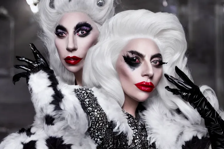 Image similar to lady gaga plays cruella in the live action adaptation of cruella, red weapon 8 k s 3 5, cooke anamorphic / i lenses, highly detailed, cinematic lighting