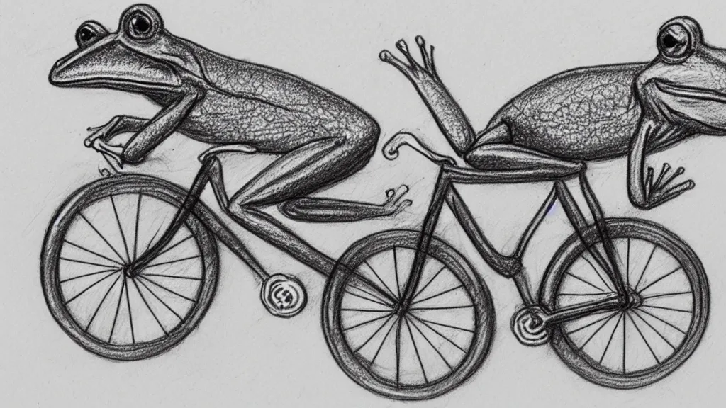 Image similar to a pencil sketch of a frog riding a bicycle