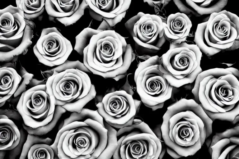 Image similar to still photo of roses buring in flames, black and white color aesthetic, highly detailed, photorealistic portrait, bright studio setting, studio lighting, crisp quality and light reflections, unreal engine 5 quality render