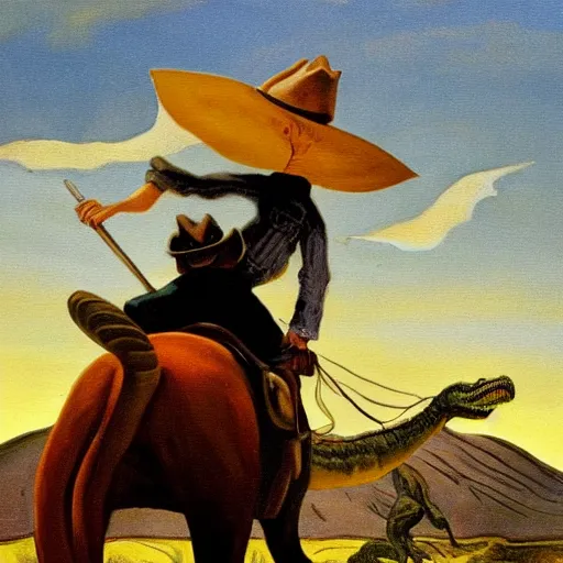 Prompt: a painting of a cowboy riding a dinosaur in the style of n. c. wyeth.