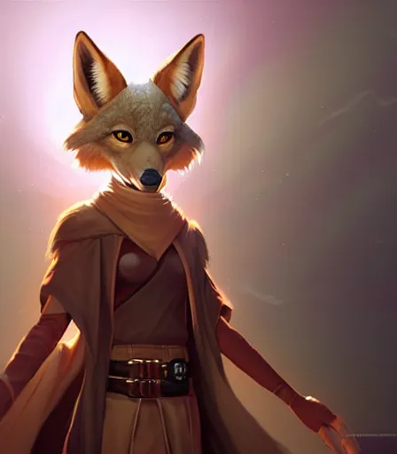 Image similar to beautiful portrait of a female anthro furry coyote wearing jedi robes. character design by charlie bowater, ross tran, artgerm, and makoto shinkai, detailed, soft lighting, rendered in octane