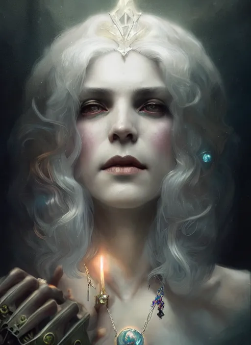 Prompt: a beautiful white haired queen, adorned with precious stone jewelry, intricate concept art, ominous, sinister dark fantasy, misty, dramatic lighting, dark background, octane render, 8 k, ruan jia and tom bagshaw and alphonse mucha