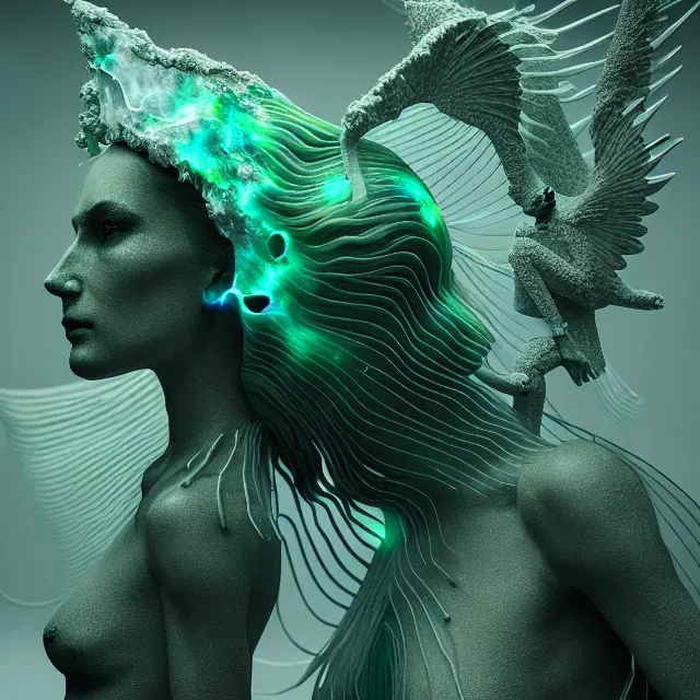 Prompt: a striking! render of ethereal beings made of emerald, agate, and smoky gray quartz, new age artwork, octane, houdini, 8 k, cgsociety, intricately detailed, wyrd, eerie, liminal