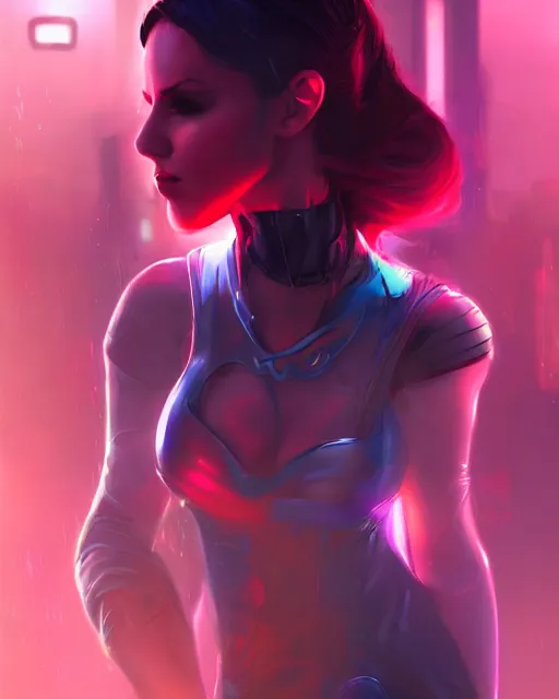 Image similar to Portrait of a futuristic rogue by Charlie Bowater, latex dress, gothic, short red hair, blue and pink rim lights, backlit, action pose, volumetric lighting, 8K, cyberpunk city backdrop, Artstation