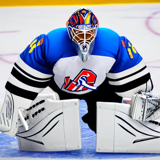 Prompt: ice hockey goalie playing on his ipad