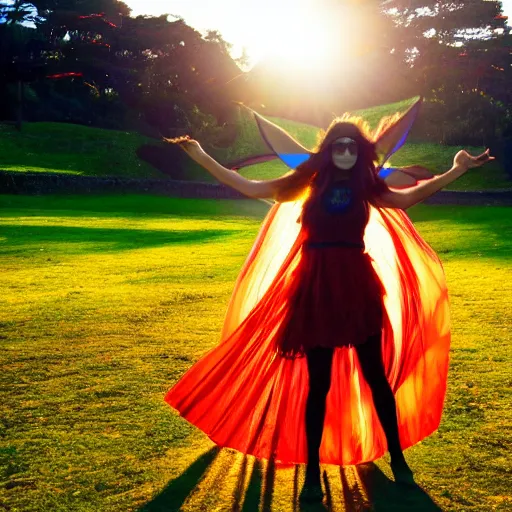 Image similar to a full body portrait of a beautiful hippie girl dancing in golden gate park at sunset, giant psychedelic mushrooms in the background,